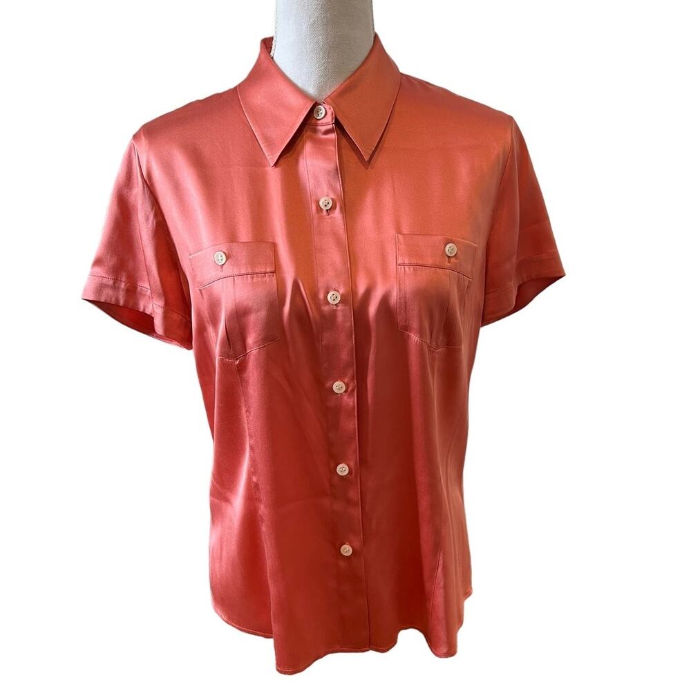 Talbots Stretch Silk Short Sleeve Button Front Top Peach 8